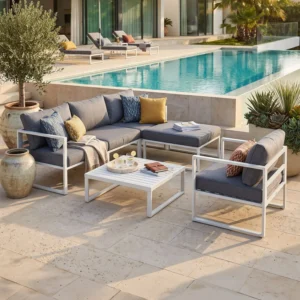 Salon de jardin en aluminium 4 places + pouf + table basse rectangle