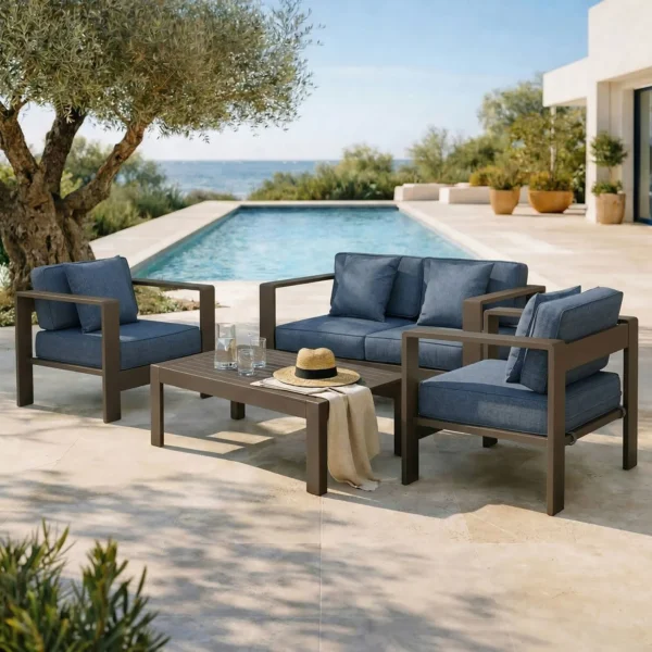 Salon de jardin 4 places en aluminium taupe et housse bleue