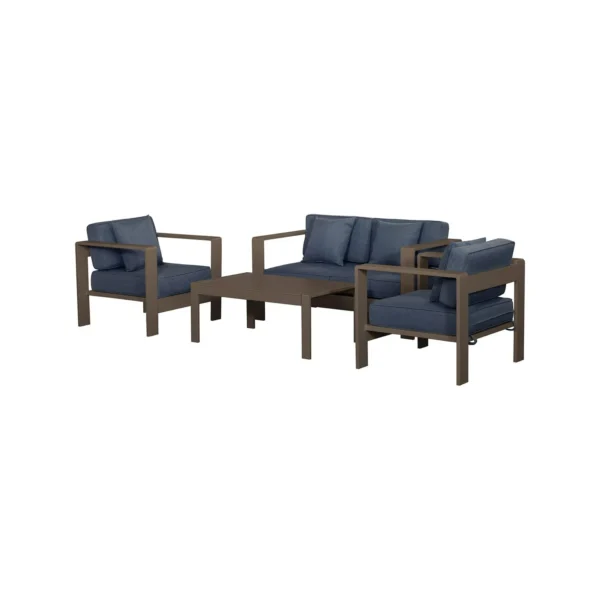 Salon de jardin 4 places en aluminium taupe et housse bleue