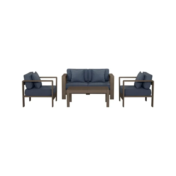 Salon de jardin 4 places en aluminium taupe et housse bleue
